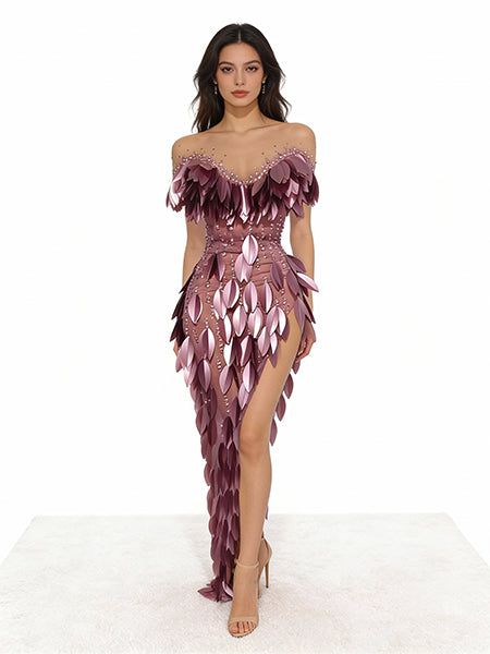CELESINYI Chanmian Crystal Rose Leaf Mermaid Gown