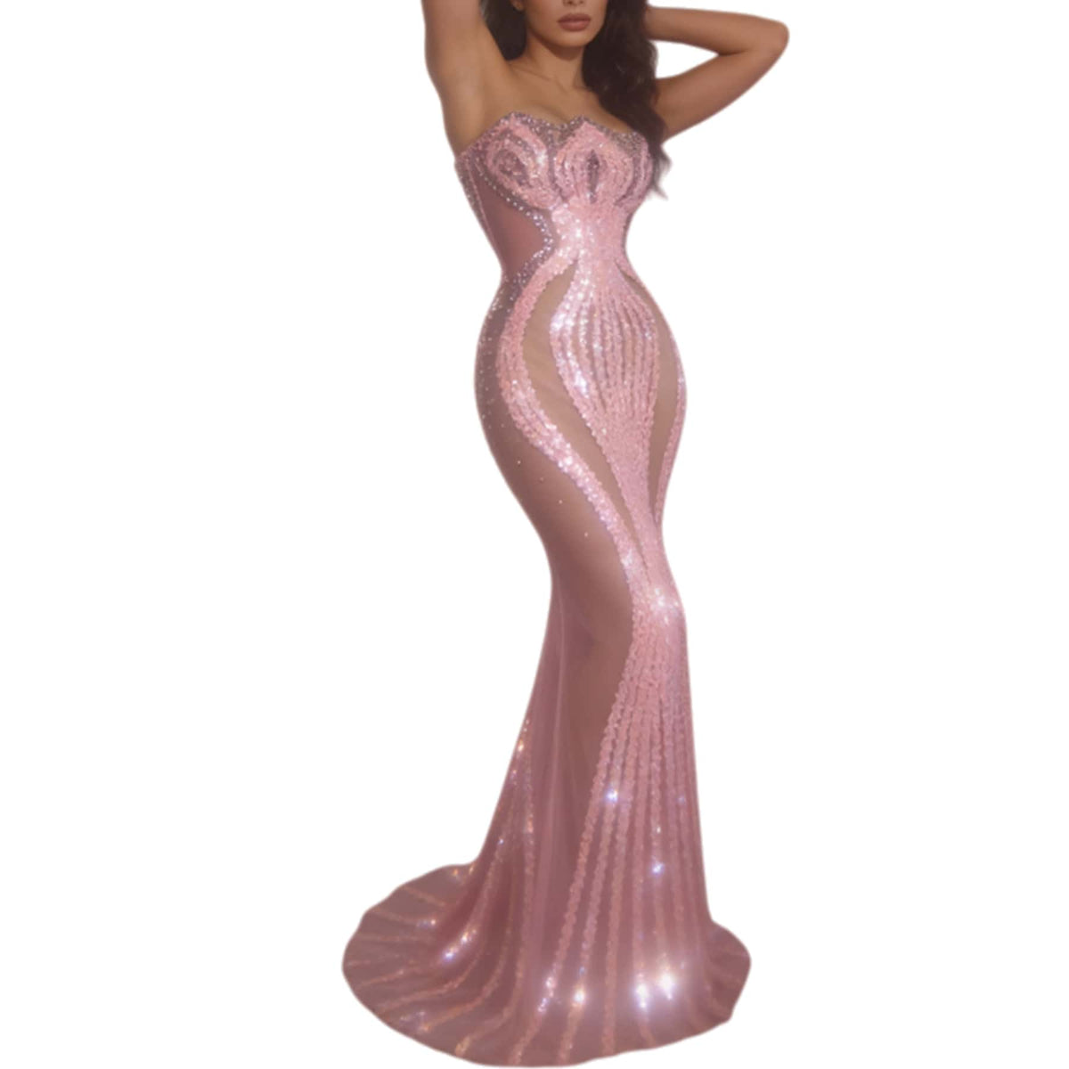 CELESINYI Lianhua Crystal Pink Sequin Mermaid Gown