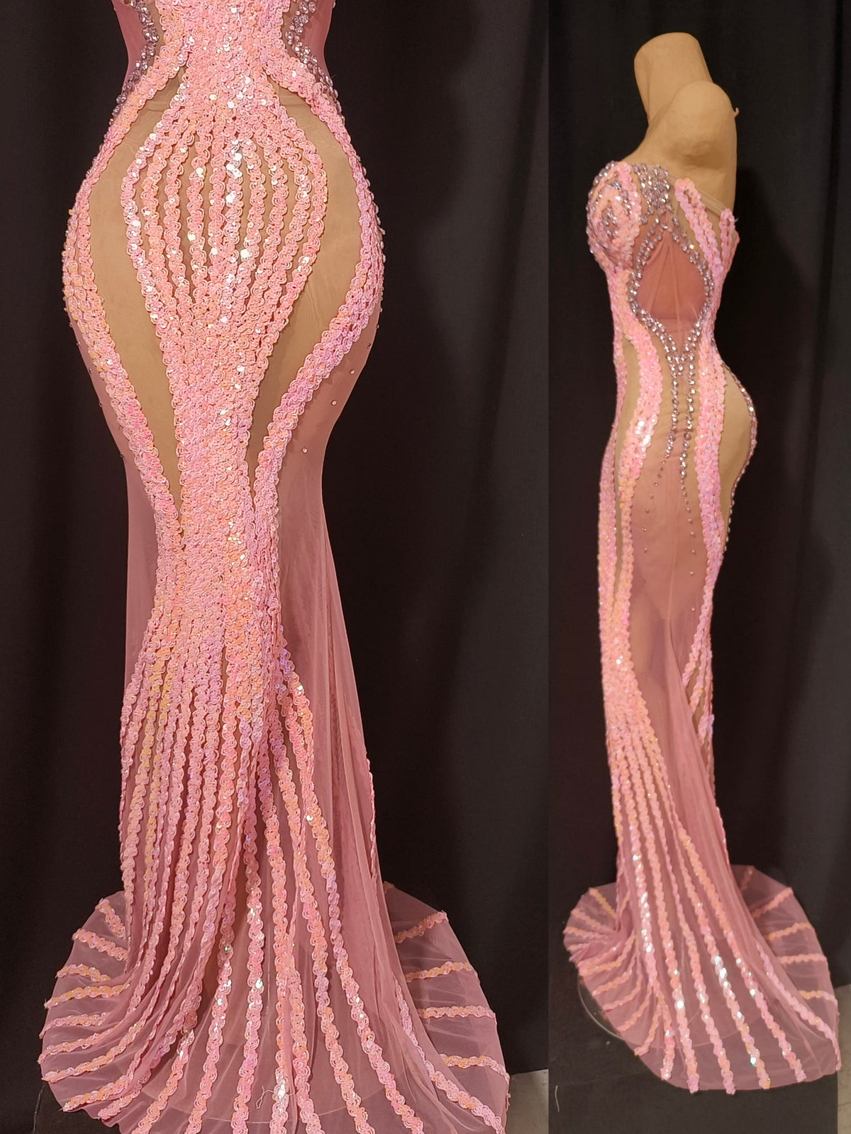 CELESINYI Lianhua Crystal Pink Sequin Mermaid Gown