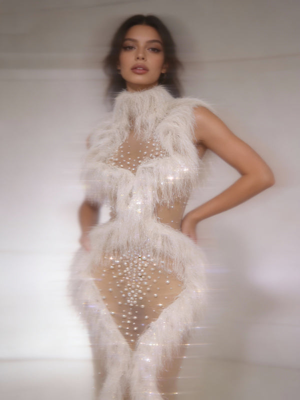 CELESINYI Shenling Crystal White Feather Gown