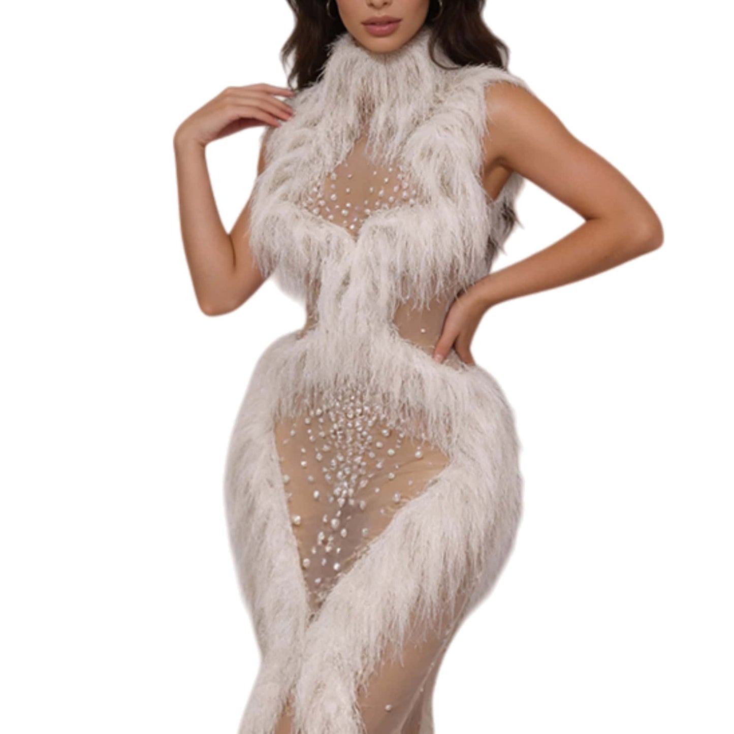 CELESINYI Shenling Crystal White Feather Gown