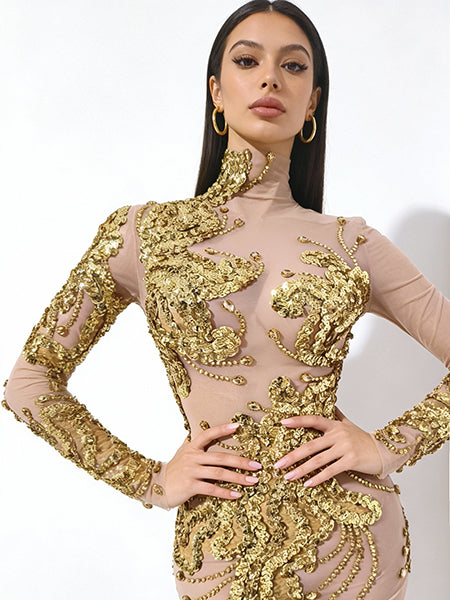 CELESINYI Shanhu Crystal Gold High Neck Bodysuit