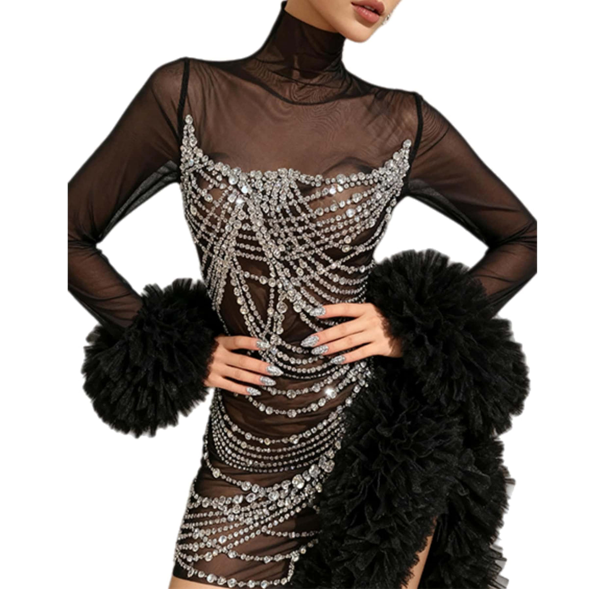 CELESINYI Gaoao Rhinestone Silver High Neck Mini Dress