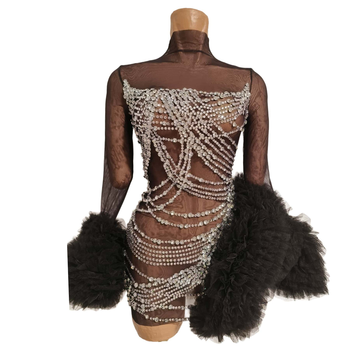 CELESINYI Gaoao Rhinestone Silver High Neck Mini Dress