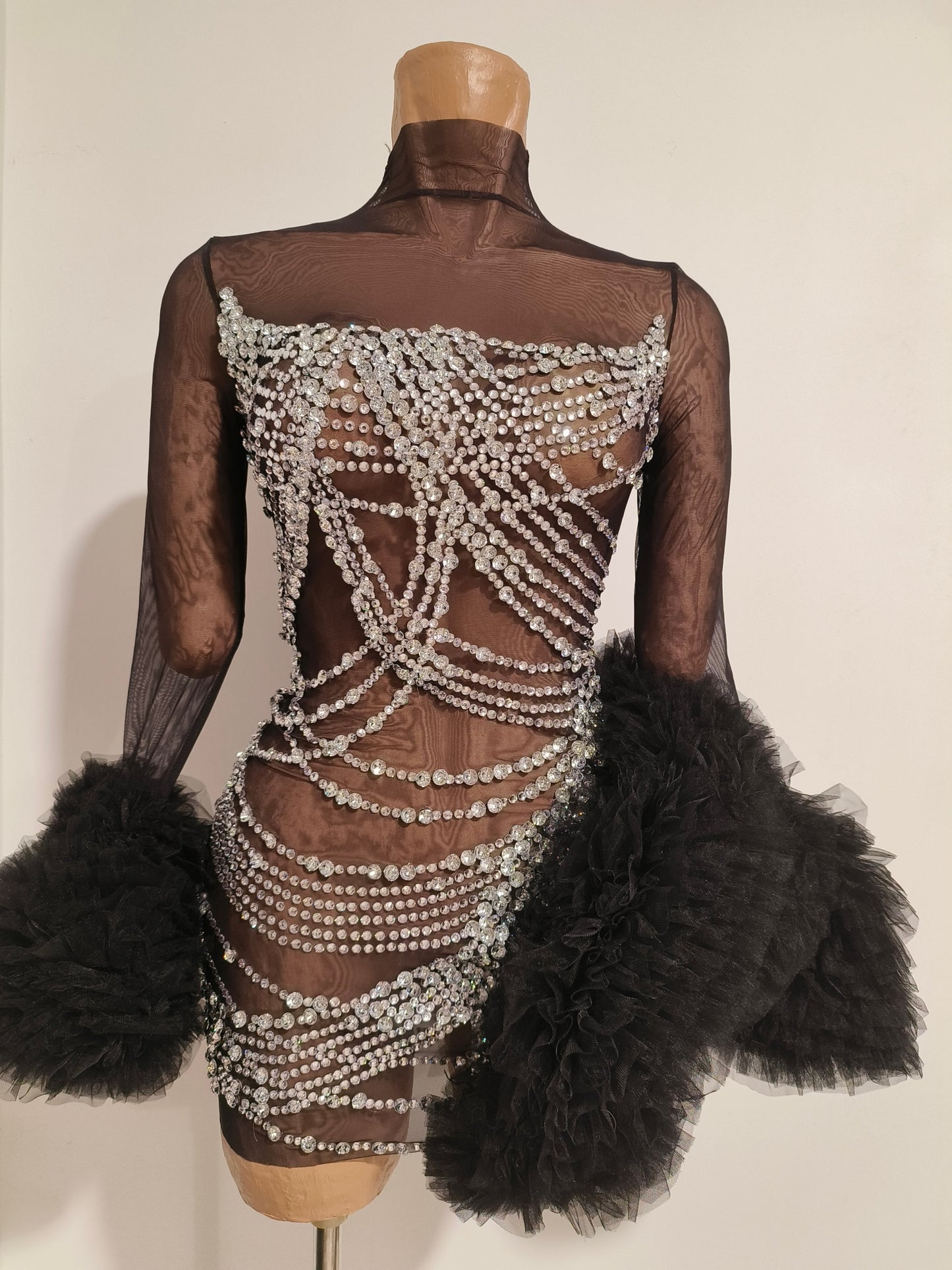 CELESINYI Gaoao Rhinestone Silver High Neck Mini Dress
