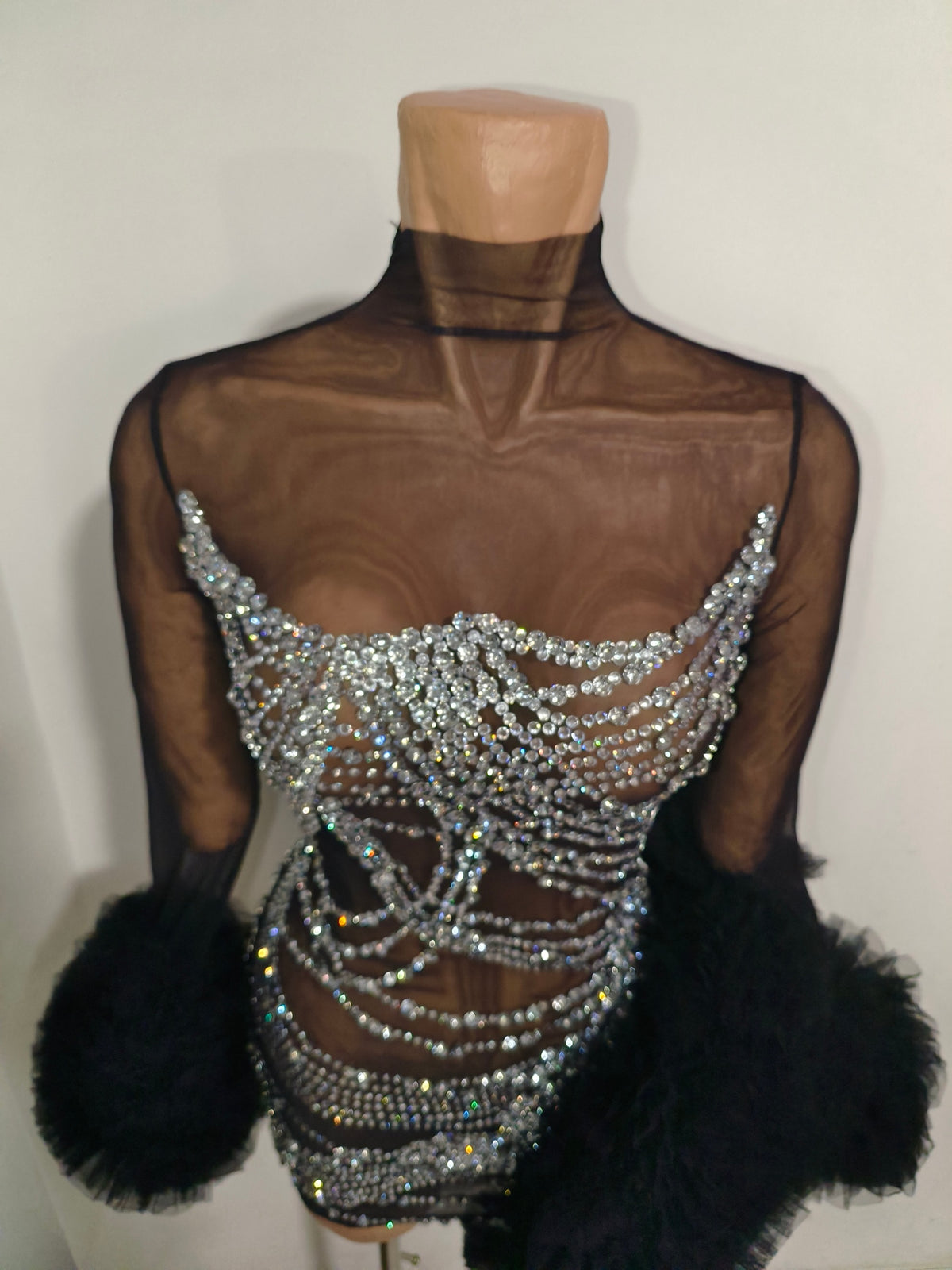 CELESINYI Gaoao Rhinestone Silver High Neck Mini Dress