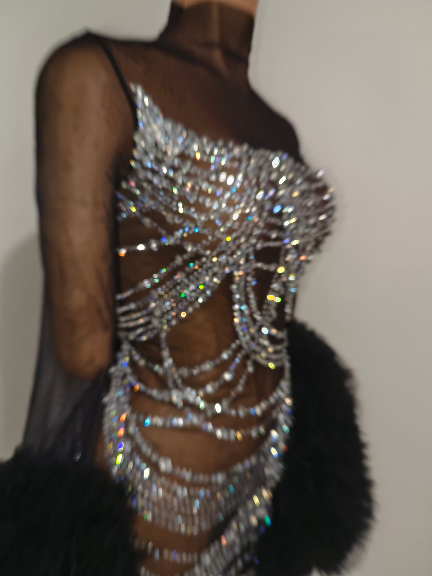CELESINYI Gaoao Rhinestone Silver High Neck Mini Dress