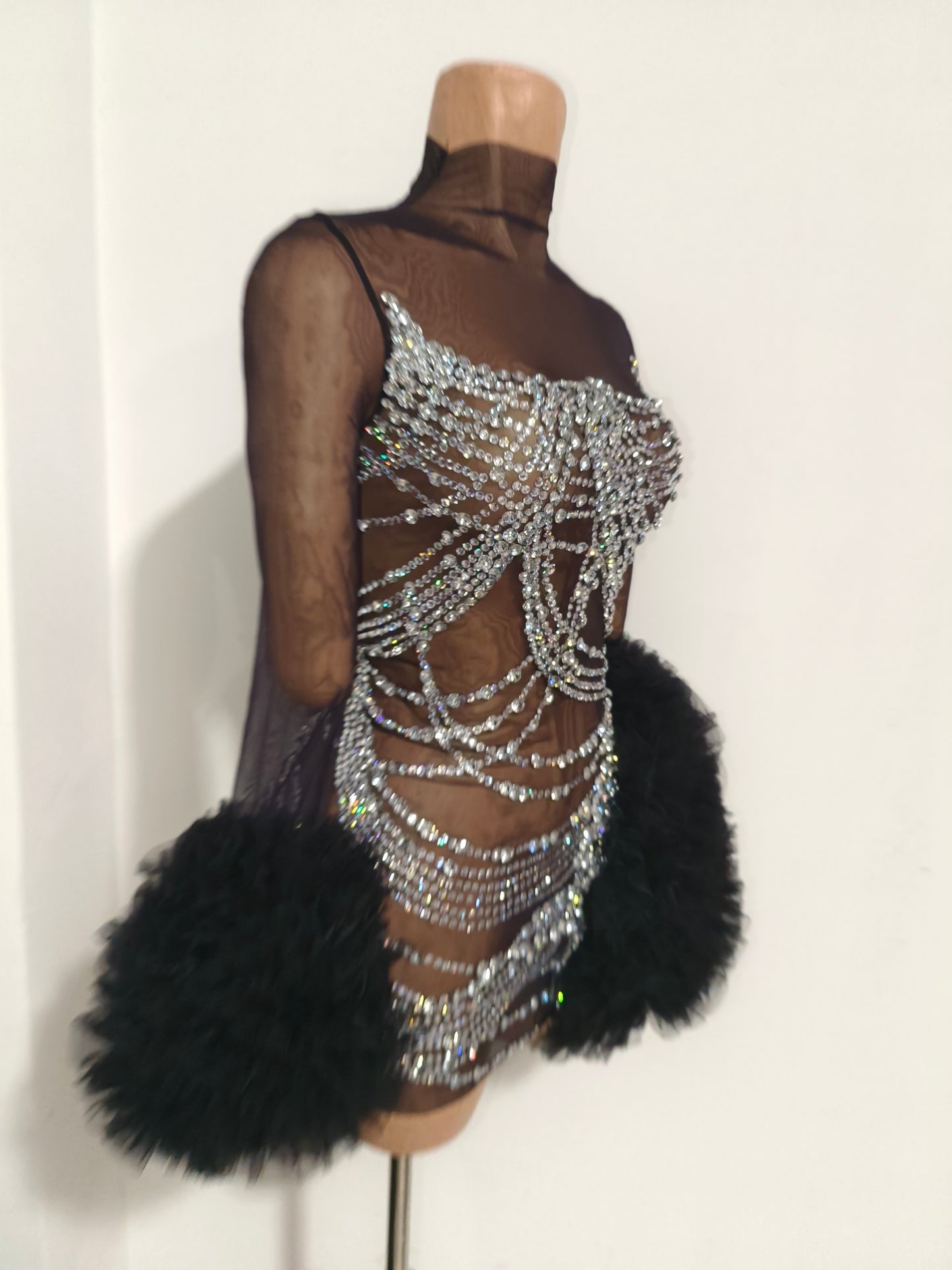 CELESINYI Gaoao Rhinestone Silver High Neck Mini Dress