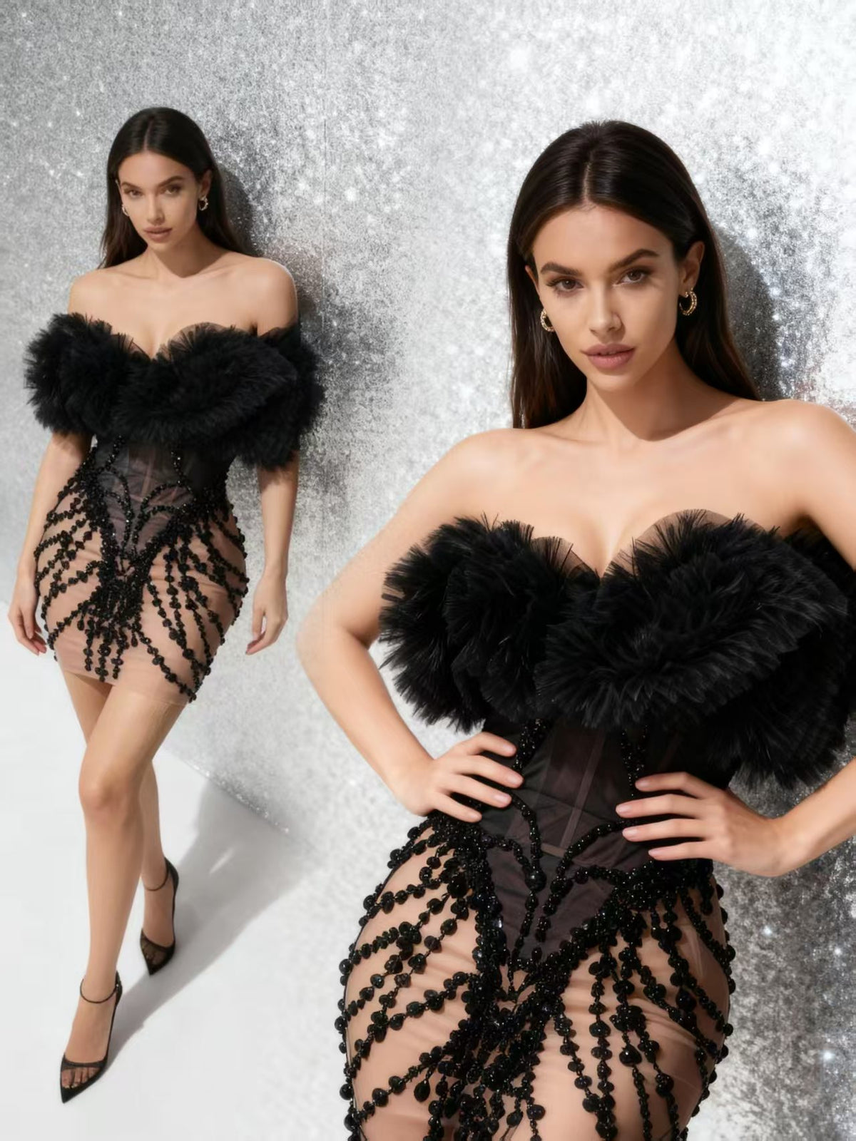 CELESINYI Songlu Rhinestone Black Corset Mini Dress