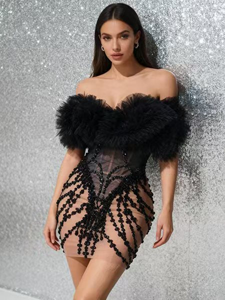 CELESINYI Songlu Rhinestone Black Corset Mini Dress