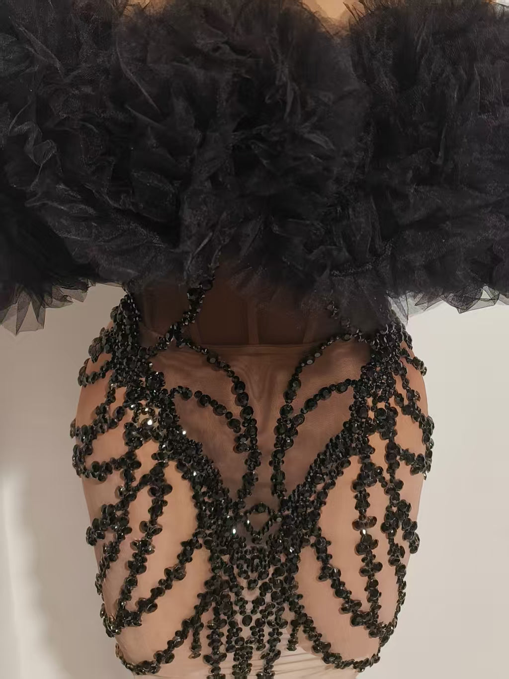 CELESINYI Songlu Rhinestone Black Corset Mini Dress