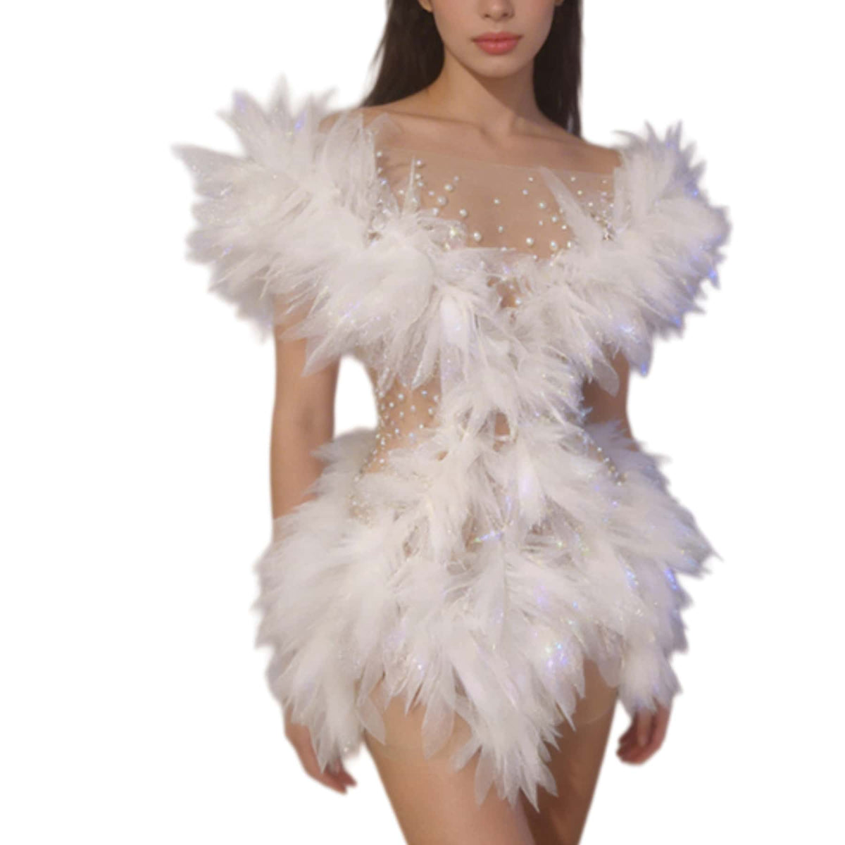 CELESINYI Chibang Crystal White Wing Mini Dress