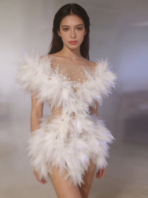 CELESINYI Chibang Crystal White Wing Mini Dress