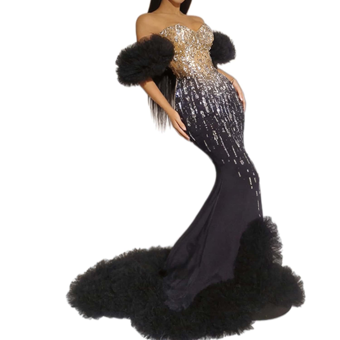 CELESINYI Wuji Crystal Silver Mermaid Gown