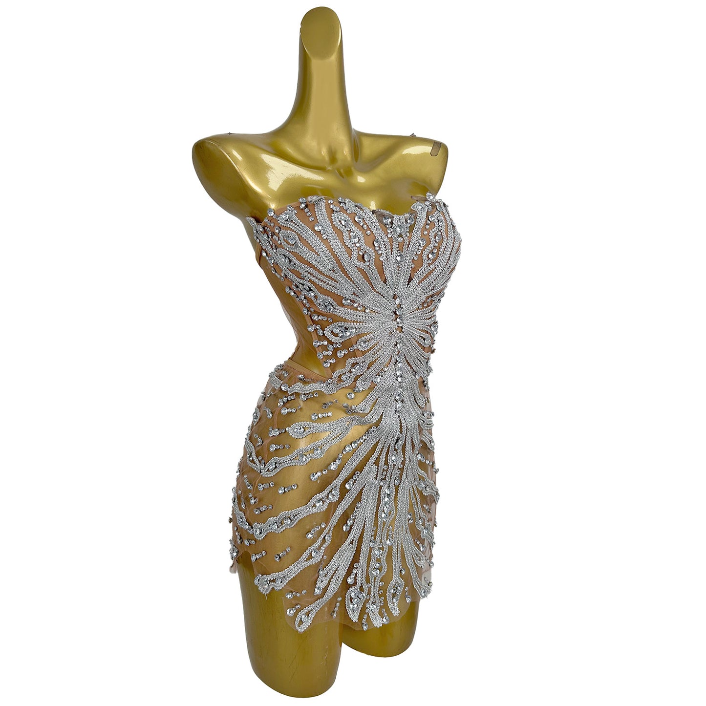 Youtiao Silver Rhinestones Embroidery Mesh Bodycon Mini Fake 2 Pieces Dress