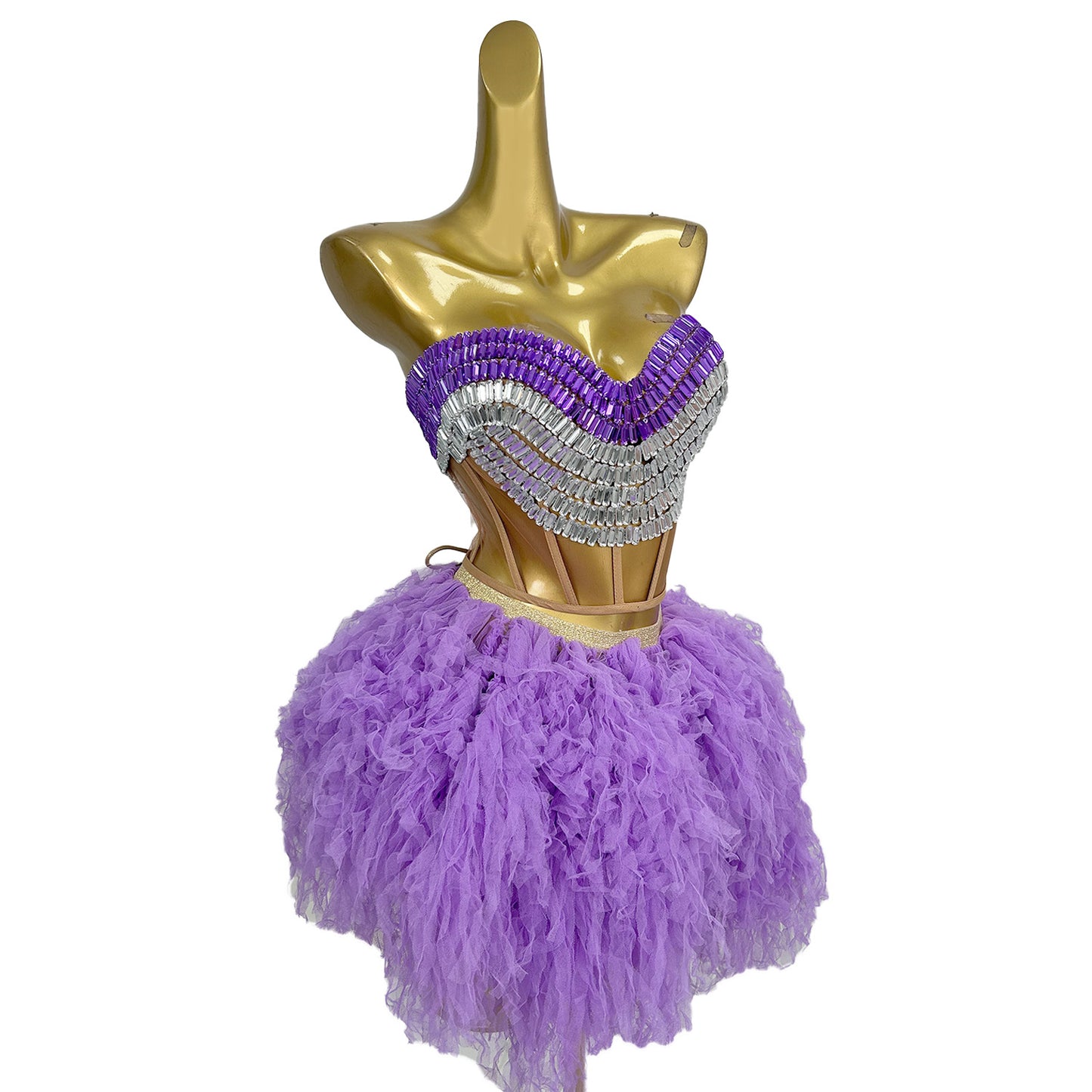 Jijing Purple Crystals Top Gauze Mini Skirt 2Pieces Set