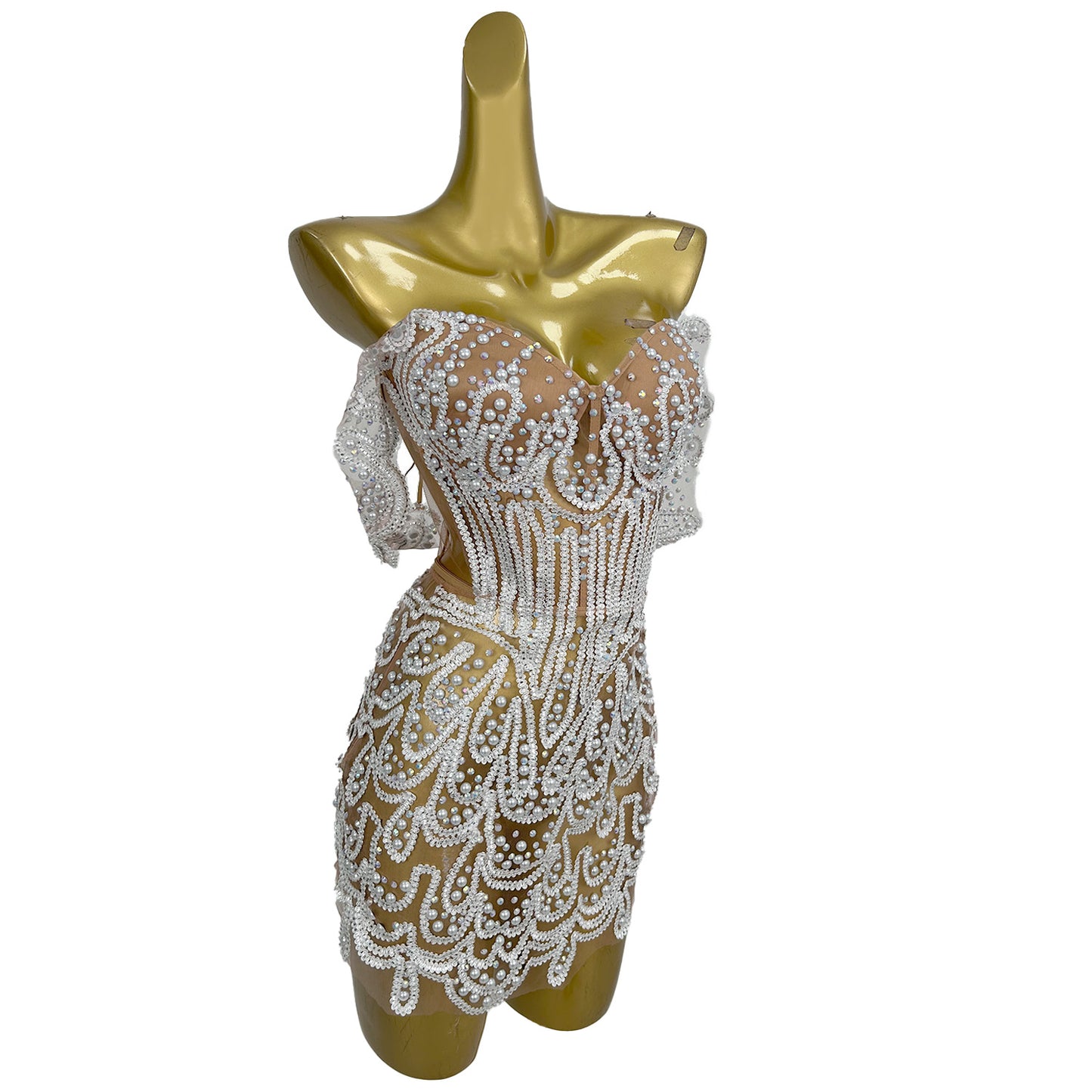 Lurong Sequins White Pearl Strapless Dress