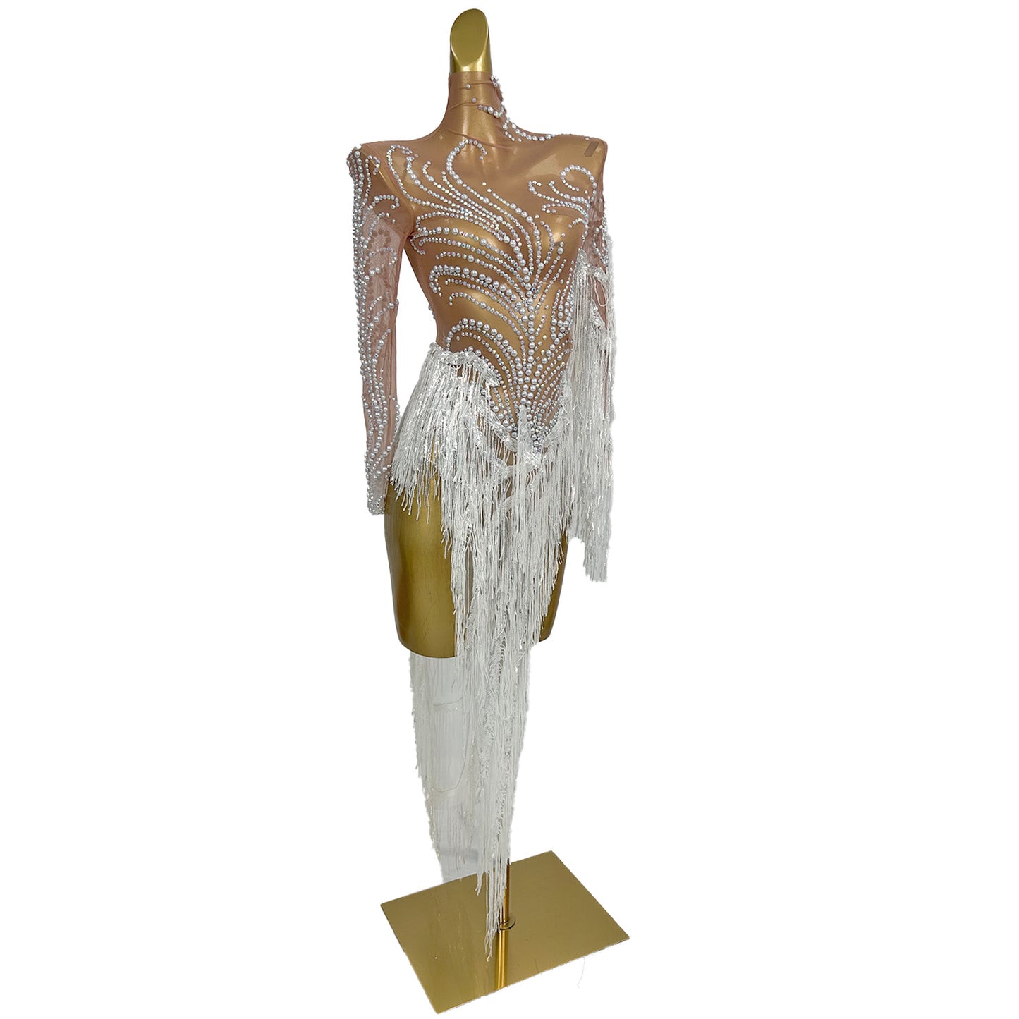 Fumao White Rhinestone Pearls Tassel Event Party Dress