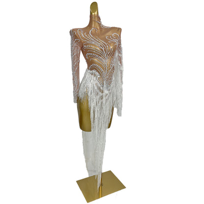 Fumao White Rhinestone Pearls Tassel Event Party Dress