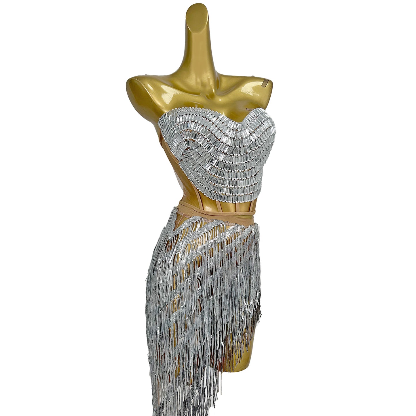 Weijing Silver Sequins Tassel Mini Skirt Crop Tops 2 Pieces Set