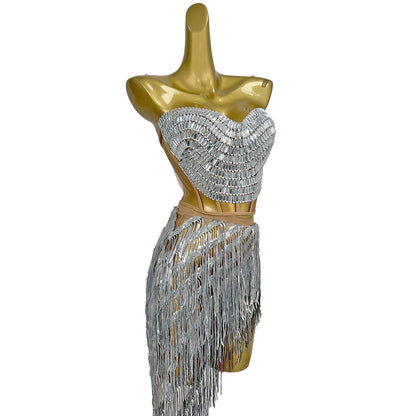 Weijing Silver Sequins Tassel Mini Skirt Crop Tops 2 Pieces Set