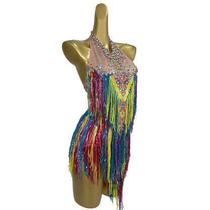 Xinwucai Women Colorful Rainbow Tassel Leotard