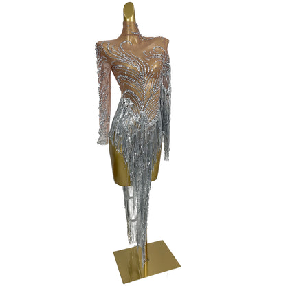 Fumao Silver Rhinestone Pearls Tassel Event Party Dress