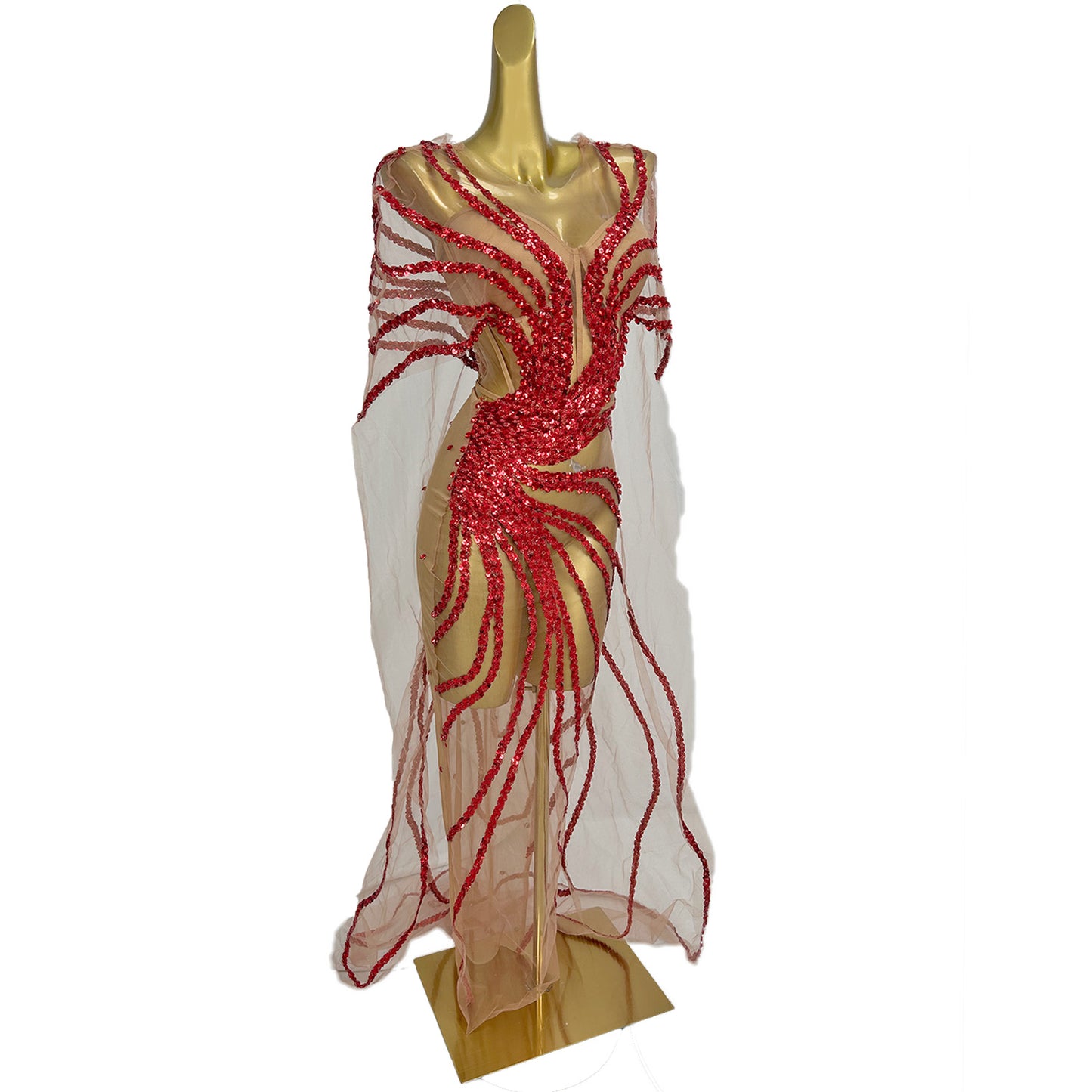 Dongmai  Perspective Red Glitter Sequin Evening Prom Dress