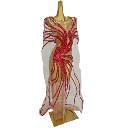 Dongmai  Perspective Red Glitter Sequin Evening Prom Dress