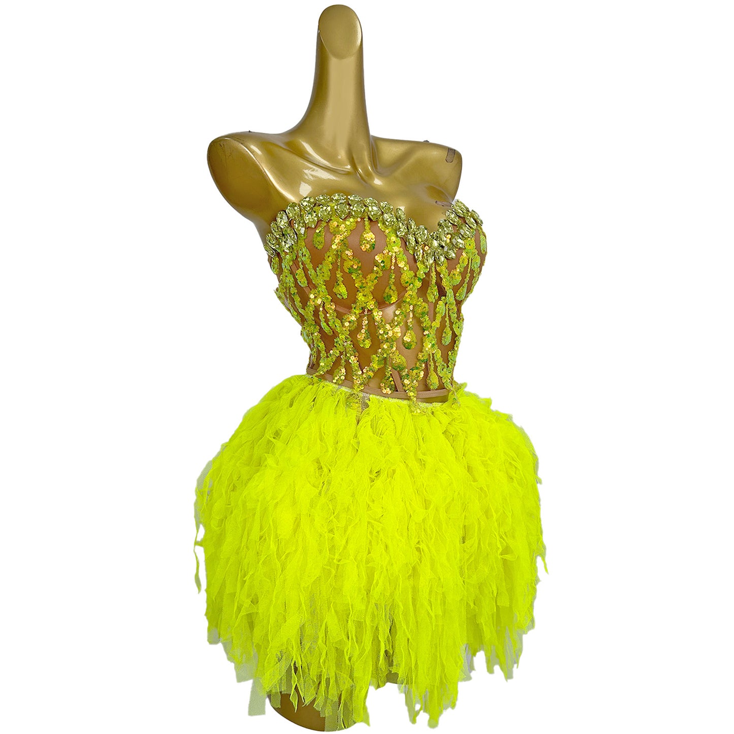 Qingtai Gold Rhinestone Crop Top Mini Skirt 2Pieces Set