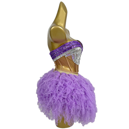 Jijing Purple Crystals Top Gauze Mini Skirt 2Pieces Set