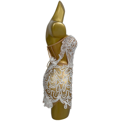 Lurong Sequins White Pearl Strapless Dress