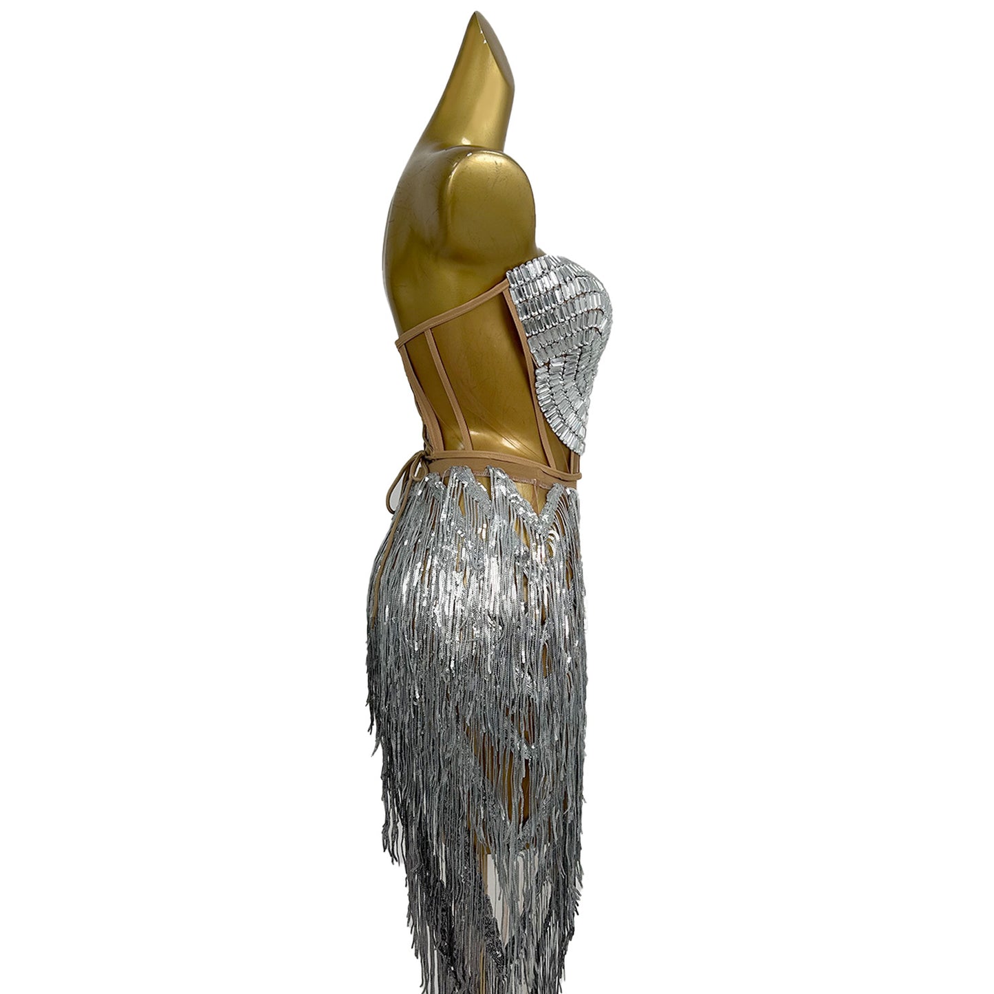 Weijing Silver Sequins Tassel Mini Skirt Crop Tops 2 Pieces Set