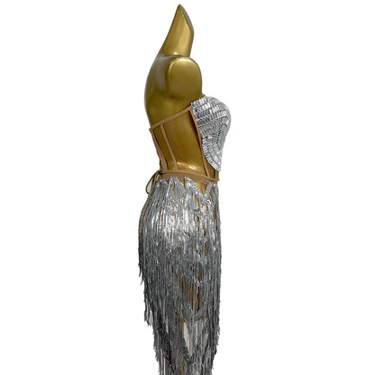 Weijing Silver Sequins Tassel Mini Skirt Crop Tops 2 Pieces Set