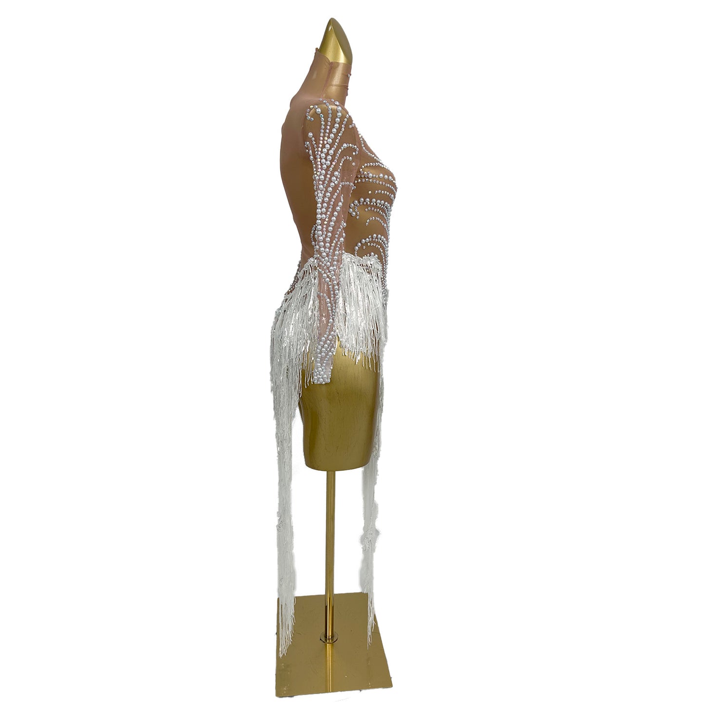 Fumao White Rhinestone Pearls Tassel Event Party Dress