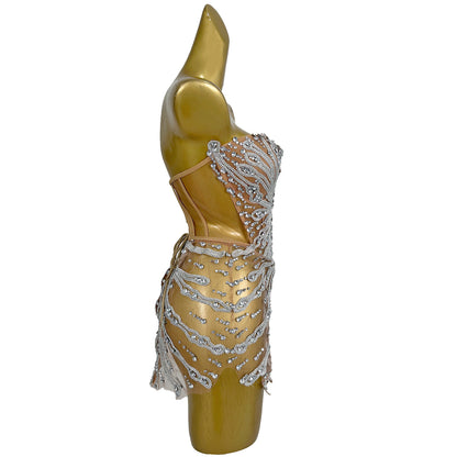 Youtiao Silver Rhinestones Embroidery Mesh Bodycon Mini Fake 2 Pieces Dress