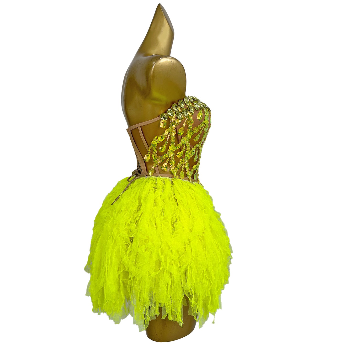 Qingtai Gold Rhinestone Crop Top Mini Skirt 2Pieces Set