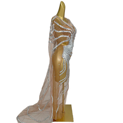 Dongmai  Perspective Silver Glitter Sequin Evening Prom Dress