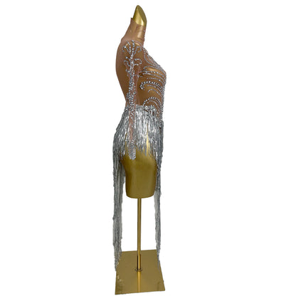 Fumao Silver Rhinestone Pearls Tassel Event Party Dress