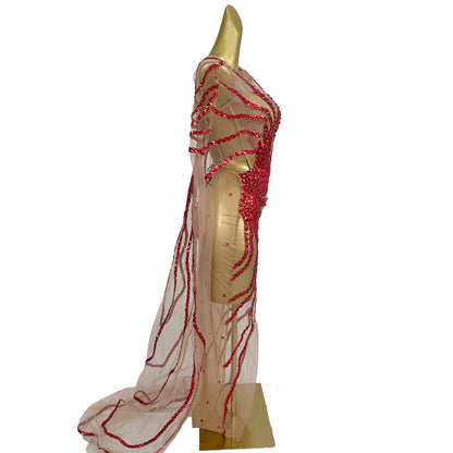 Dongmai  Perspective Red Glitter Sequin Evening Prom Dress