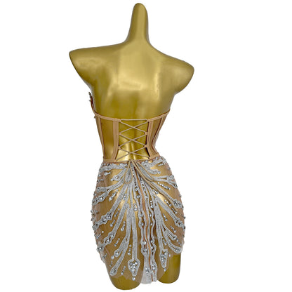 Youtiao Silver Rhinestones Embroidery Mesh Bodycon Mini Fake 2 Pieces Dress