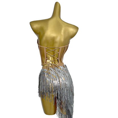 Weijing Silver Sequins Tassel Mini Skirt Crop Tops 2 Pieces Set