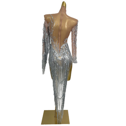 Fumao Silver Rhinestone Pearls Tassel Event Party Dress