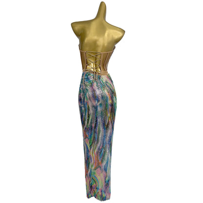 Huancai Women Sparkle Sequined Rhinestone 2-Piece Long Dress