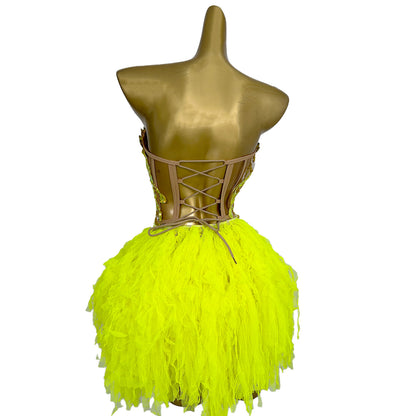 Qingtai Gold Rhinestone Crop Top Mini Skirt 2Pieces Set