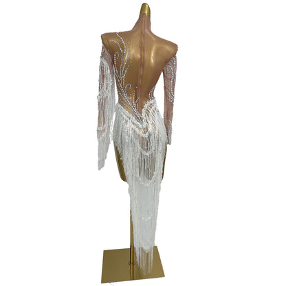 Fumao White Rhinestone Pearls Tassel Event Party Dress