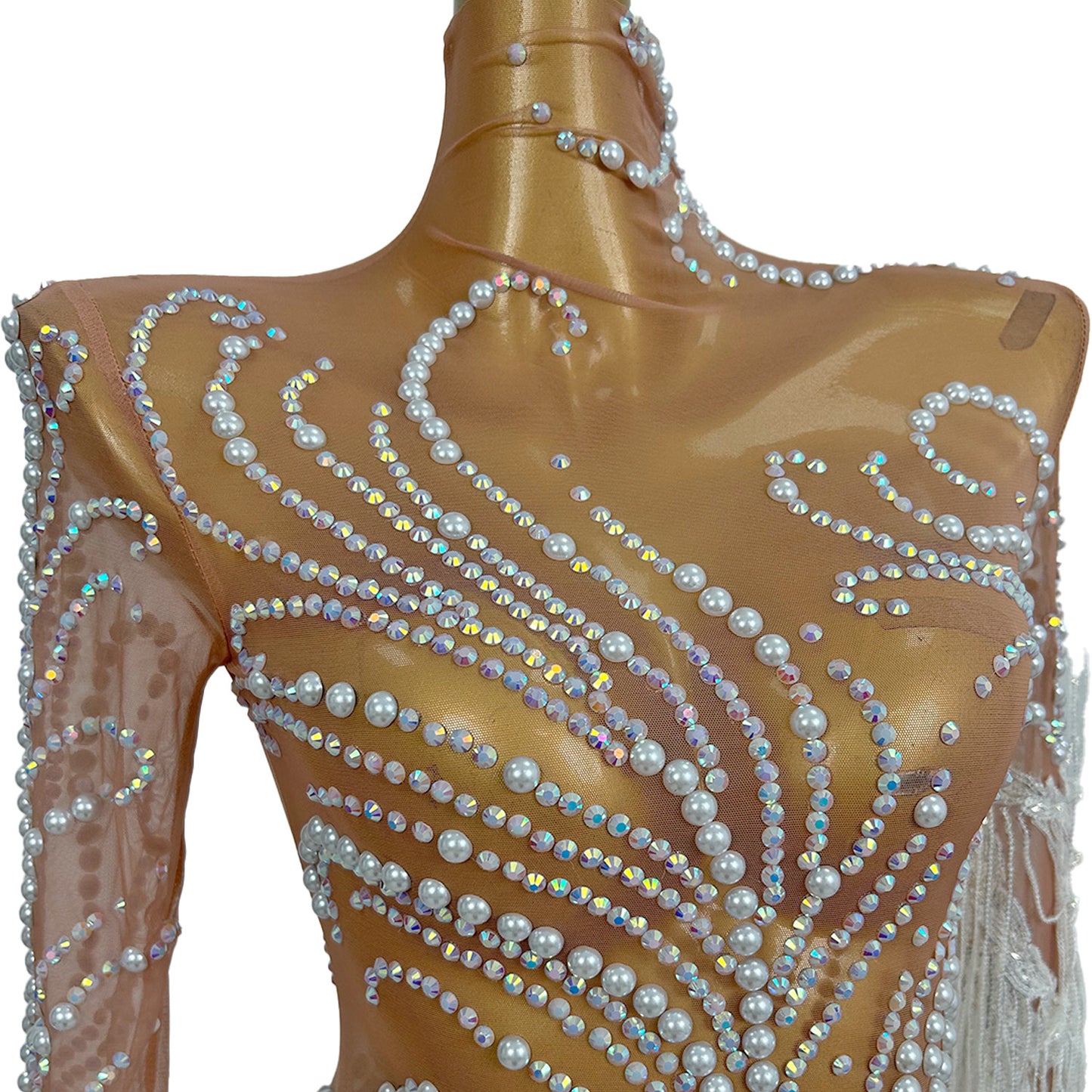 Fumao White Rhinestone Pearls Tassel Event Party Dress