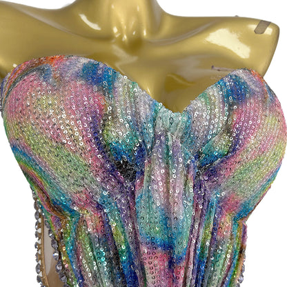 Huancai Women Sparkle Sequined Rhinestone 2-Piece Long Dress