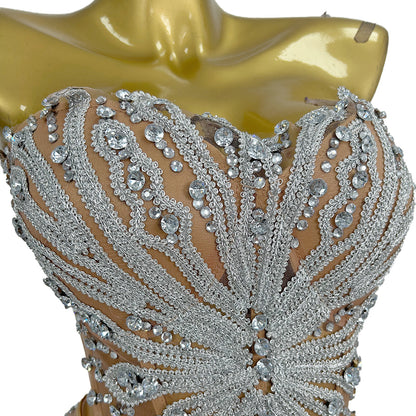 Youtiao Silver Rhinestones Embroidery Mesh Bodycon Mini Fake 2 Pieces Dress