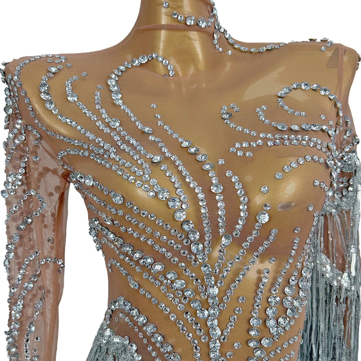 Fumao Silver Rhinestone Pearls Tassel Event Party Dress